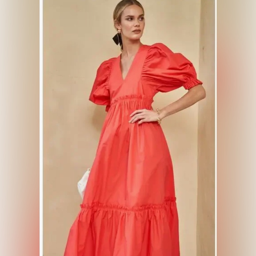 HUNTER BELL Palmer Dress Vibrant Red Maxi Dress with Puff Sleeves